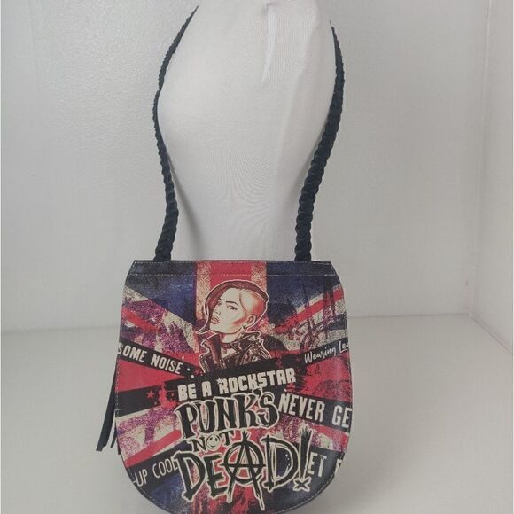 ☠️💥 BE A ROCKSTAR PUNK'S NOT DEAD MULTI COLOR VEGAN LEATHER SHOULDER BAG PURSE - Picture 2 of 10